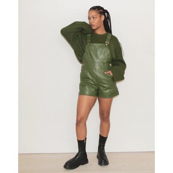 NEW WeWoreWhat Green Basic Faux Vegan Leather Short Overall Romper Jumpsuit M - Picture 1 of 11